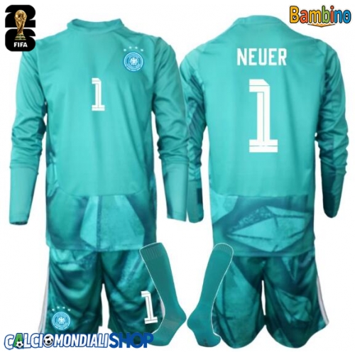 Maglie da calcio Germania Manuel Neuer #1 Portiere Prima Maglia Bambino Mondiali 2026  Manica Lunga + Pantaloni corti)